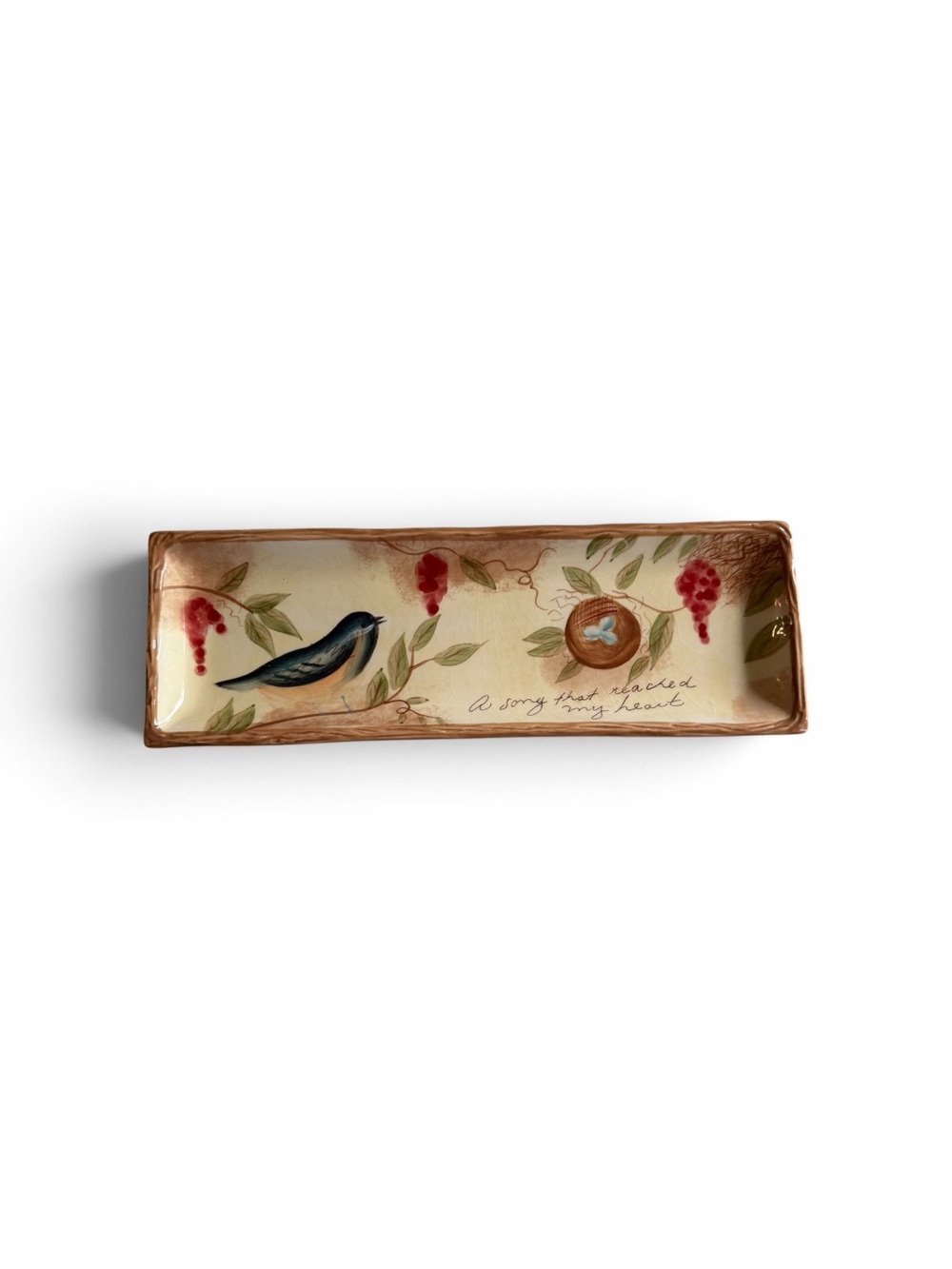 Decorative Bird & Berry Ceramic Serving Tray - Brown/Blue